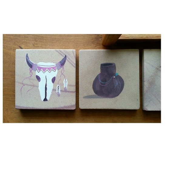 Arizona Sandstone Coasters Wood Holder Steer Head Kokopelli Feathers NEW Set 4 - Picture 4 of 6